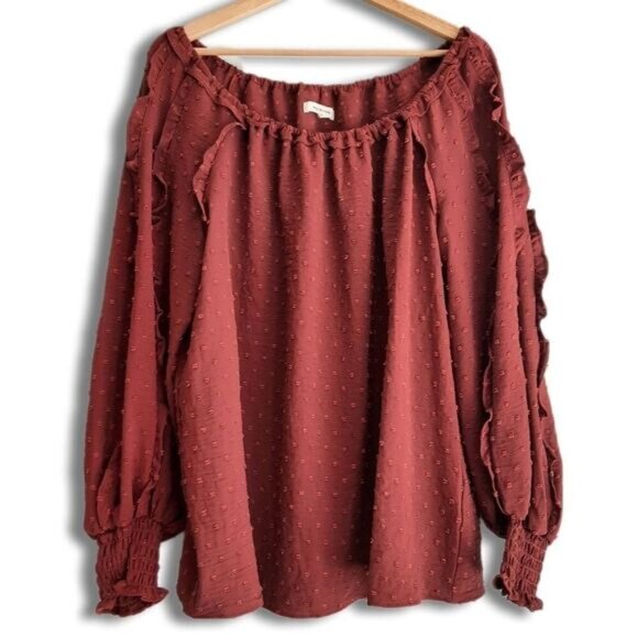 MAX STUDIO / Swiss Dot Textured Boho Ruffle Sleeve Blouse Rust Brown Sz XL - Picture 1 of 13